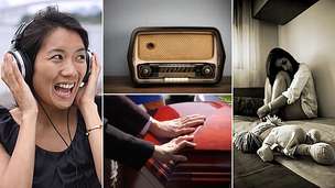 Composite image showing, clockwise from left: A woman laughing and wearing headphones, a radio, a teenage girl crying in her room and mourners touching a coffin at a funeral
